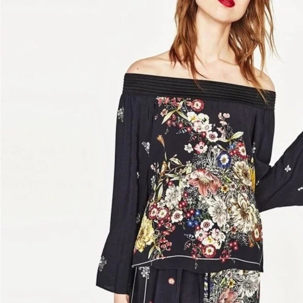 New ZARA Off The Shoulder Floral Top Bell Sleeve Bandana Flower Print Blouse